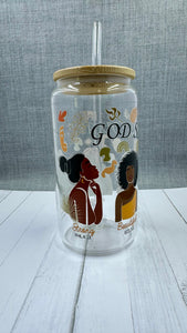 Experience the power of positive affirmations with our God Says You Are... Glass Tumbler. This 16 ounce tumbler features uplifting words of beauty, strength, and more, reminding you of your true potential. Made with UV DTF transfer for long-lasting use. Refresh your soul with every sip.