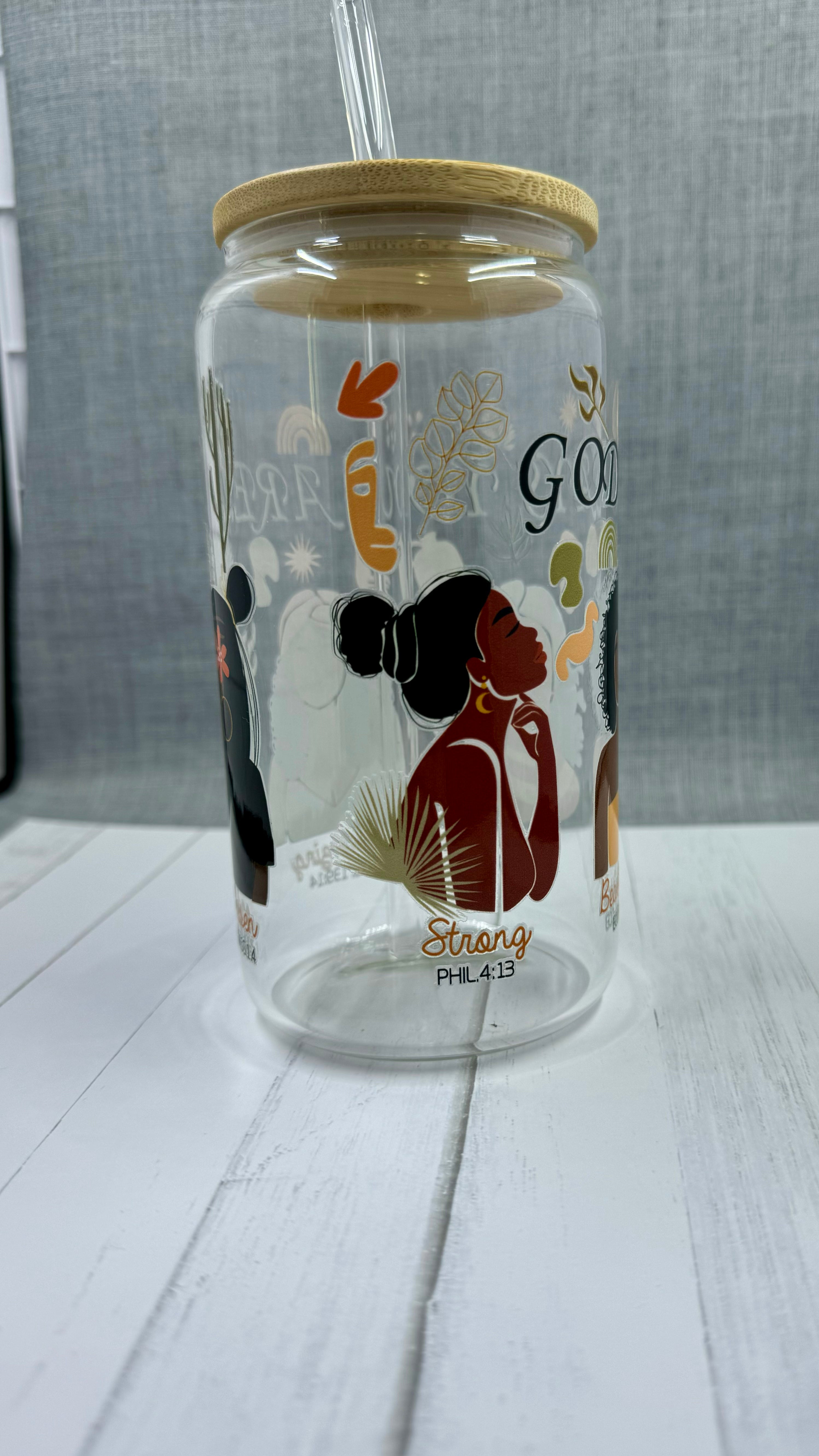 Experience the power of positive affirmations with our God Says You Are... Glass Tumbler. This 16 ounce tumbler features uplifting words of beauty, strength, and more, reminding you of your true potential. Made with UV DTF transfer for long-lasting use. Refresh your soul with every sip.