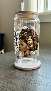 Introducing the Black Girl Magic Glass Tumbler. This 16 ounce tumbler features a beautiful "Black Girl Magic" design, created through UV DTF transfer technology. Show off your pride and hydration with this high-quality glass tumbler.