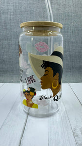 Introducing the Black Queen Glass Tumbler, the perfect companion for your drinkware collection. Made from high-quality glass, this 16 ounce tumbler features a UV DTF transfer, ensuring vibrant and long-lasting designs. Show off your love for black girl magic and make every moment amazing, because your needs matter too.