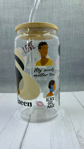 Introducing the Black Queen Glass Tumbler, the perfect companion for your drinkware collection. Made from high-quality glass, this 16 ounce tumbler features a UV DTF transfer, ensuring vibrant and long-lasting designs. Show off your love for black girl magic and make every moment amazing, because your needs matter too.