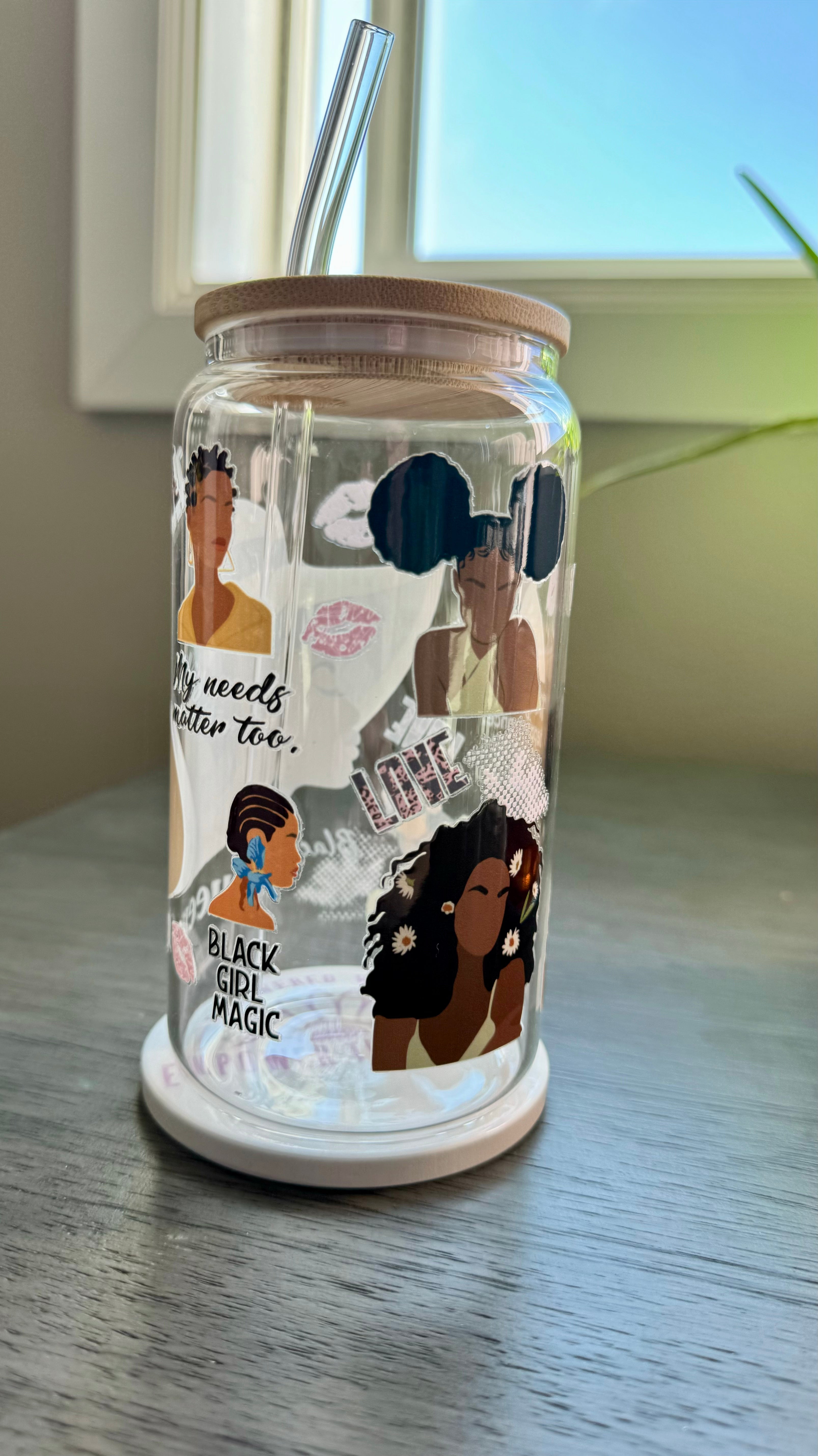 Introducing the Black Queen Glass Tumbler, the perfect companion for your drinkware collection. Made from high-quality glass, this 16 ounce tumbler features a UV DTF transfer, ensuring vibrant and long-lasting designs. Show off your love for black girl magic and make every moment amazing, because your needs matter too.