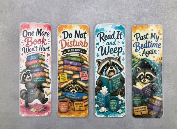 Four decorative book-themed bookmarks with colorful cartoon illustrations and humorous quotes, arranged side by side on a gray textured background.
