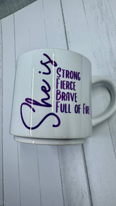 This mug shows everyone the inner strength you have. Made with long-lasting ceramic and infused with empowering words in long-lasting infusible ink, this mug is a daily reminder of the strength and resilience of women. Join the movement and start your day with a cup of empowerment by reminding others you are strong, fierce, brave, and full of fire. The infusible ink used in the design process ensures long-lasting and vibrant colors, making this mug a perfect addition to any collection. 