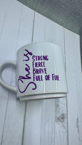 This mug shows everyone the inner strength you have. Made with long-lasting ceramic and infused with empowering words in long-lasting infusible ink, this mug is a daily reminder of the strength and resilience of women. Join the movement and start your day with a cup of empowerment by reminding others you are strong, fierce, brave, and full of fire. The infusible ink used in the design process ensures long-lasting and vibrant colors, making this mug a perfect addition to any collection. 