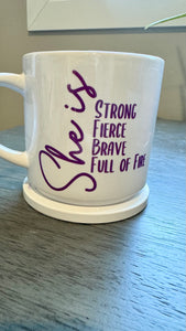 This mug shows everyone the inner strength you have. Made with long-lasting ceramic and infused with empowering words in long-lasting infusible ink, this mug is a daily reminder of the strength and resilience of women. Join the movement and start your day with a cup of empowerment by reminding others you are strong, fierce, brave, and full of fire. The infusible ink used in the design process ensures long-lasting and vibrant colors, making this mug a perfect addition to any collection. 