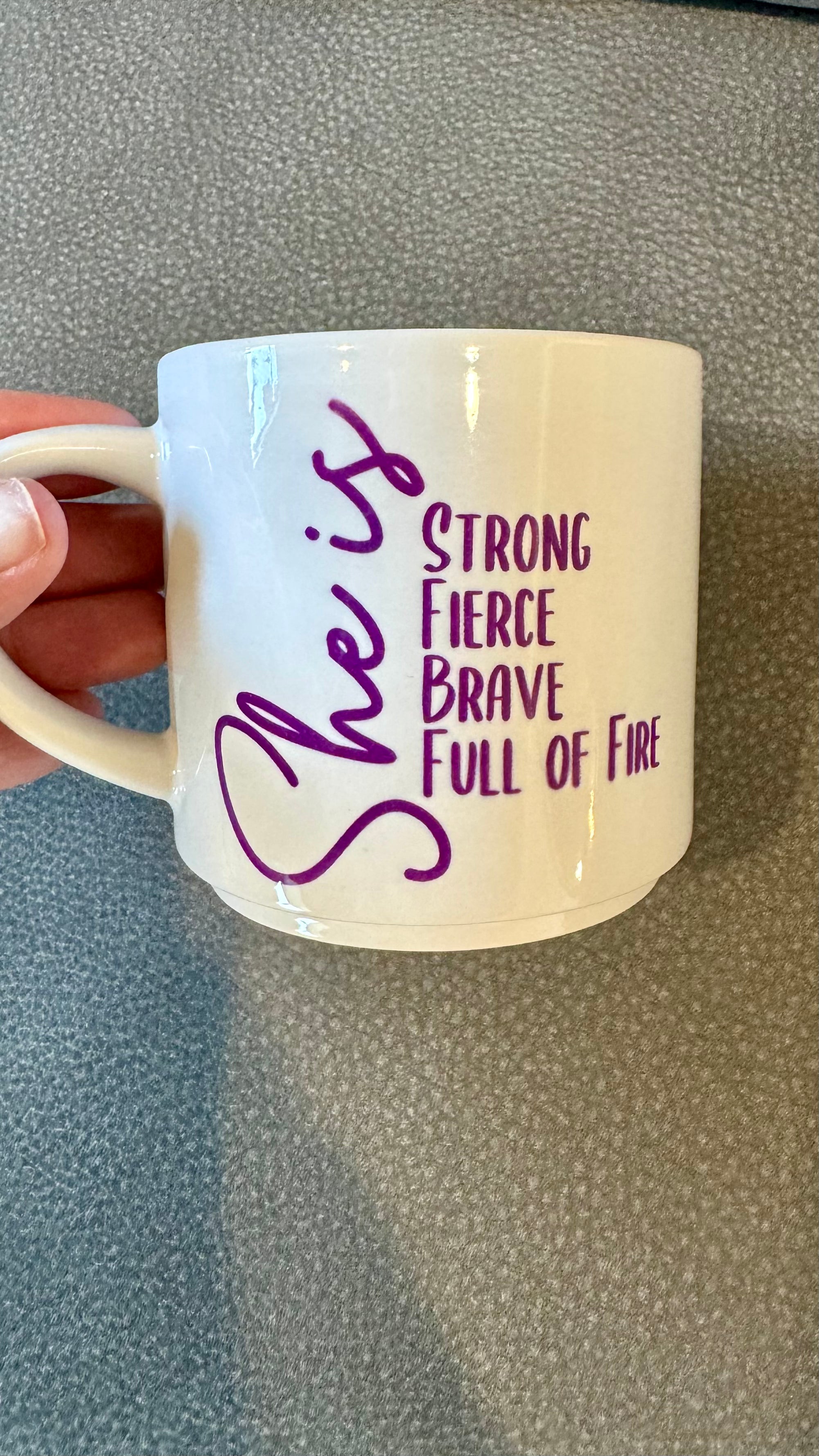 This mug shows everyone the inner strength you have. Made with long-lasting ceramic and infused with empowering words in long-lasting infusible ink, this mug is a daily reminder of the strength and resilience of women. Join the movement and start your day with a cup of empowerment by reminding others you are strong, fierce, brave, and full of fire. The infusible ink used in the design process ensures long-lasting and vibrant colors, making this mug a perfect addition to any collection. 