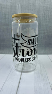 Expertly crafted with 16 ounces of glass, our She is strong Glass Tumbler features a unique UV DTF transfer design. Showcasing the empowering message "she is strong" along with a striking black queen, this tumbler is a stylish and uplifting addition to your drinkware collection.