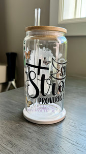 Expertly crafted with 16 ounces of glass, our She is strong Glass Tumbler features a unique UV DTF transfer design. Showcasing the empowering message "she is strong" along with a striking black queen, this tumbler is a stylish and uplifting addition to your drinkware collection.