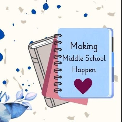 A square digital graphic design template featuring a central dark magenta paint stroke with the quote 'the glue that HOLDS IT ALL together' in white and blue script. The design is decorated with various school-themed illustrations including books, an apple, a coffee cup, flowers, stars, and sticky notes on a white background with blue paint splatters.