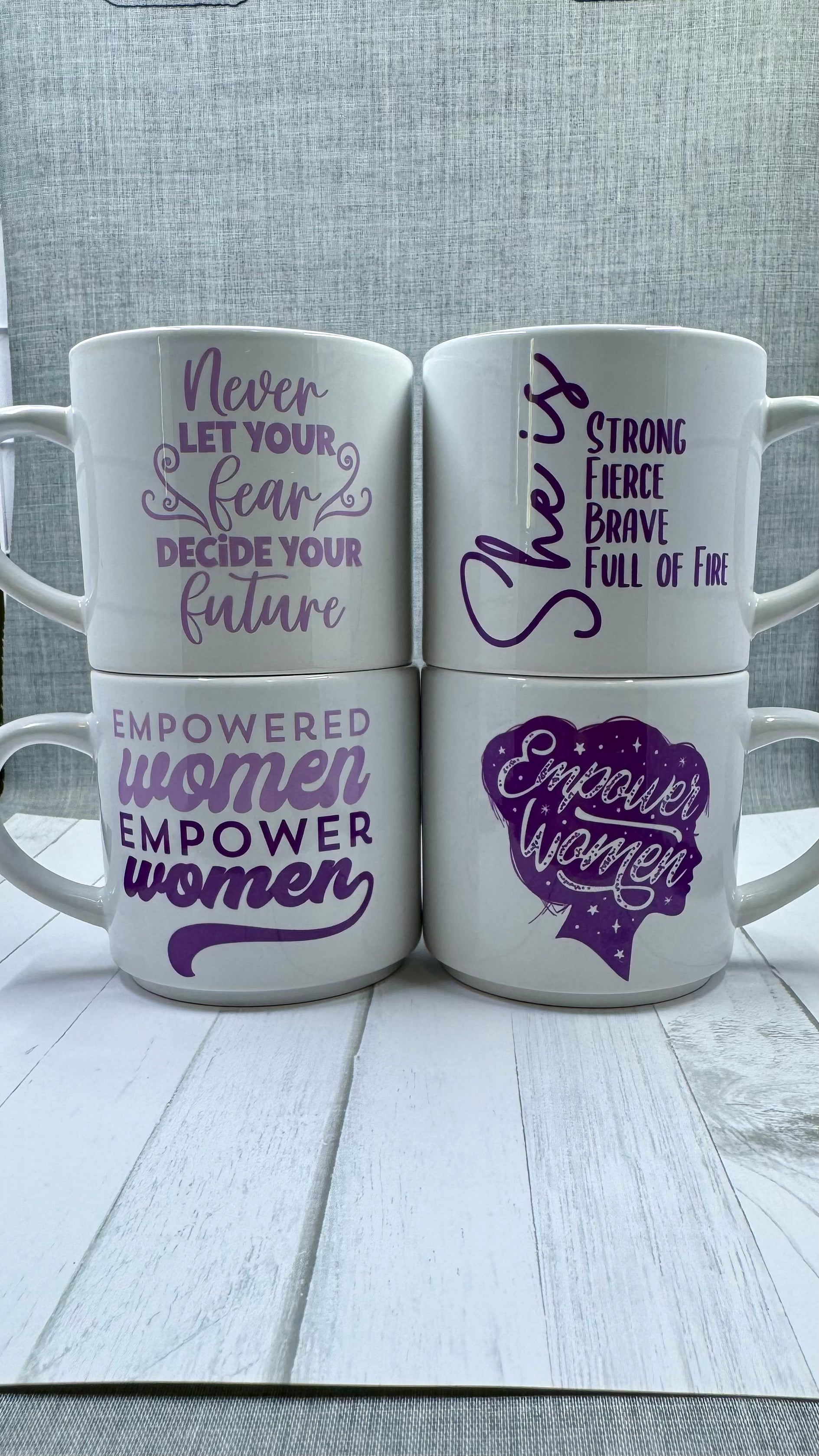 Elevate your morning routine with this set of 4 women empowerment mugs. Made of 100% ceramic and infused with inspiring designs, these 10 ounce mugs are sure to empower and motivate you throughout the day. Perfect for gifting and brightening anyone's day. Create a unique and stylish statement with these expertly crafted mugs.