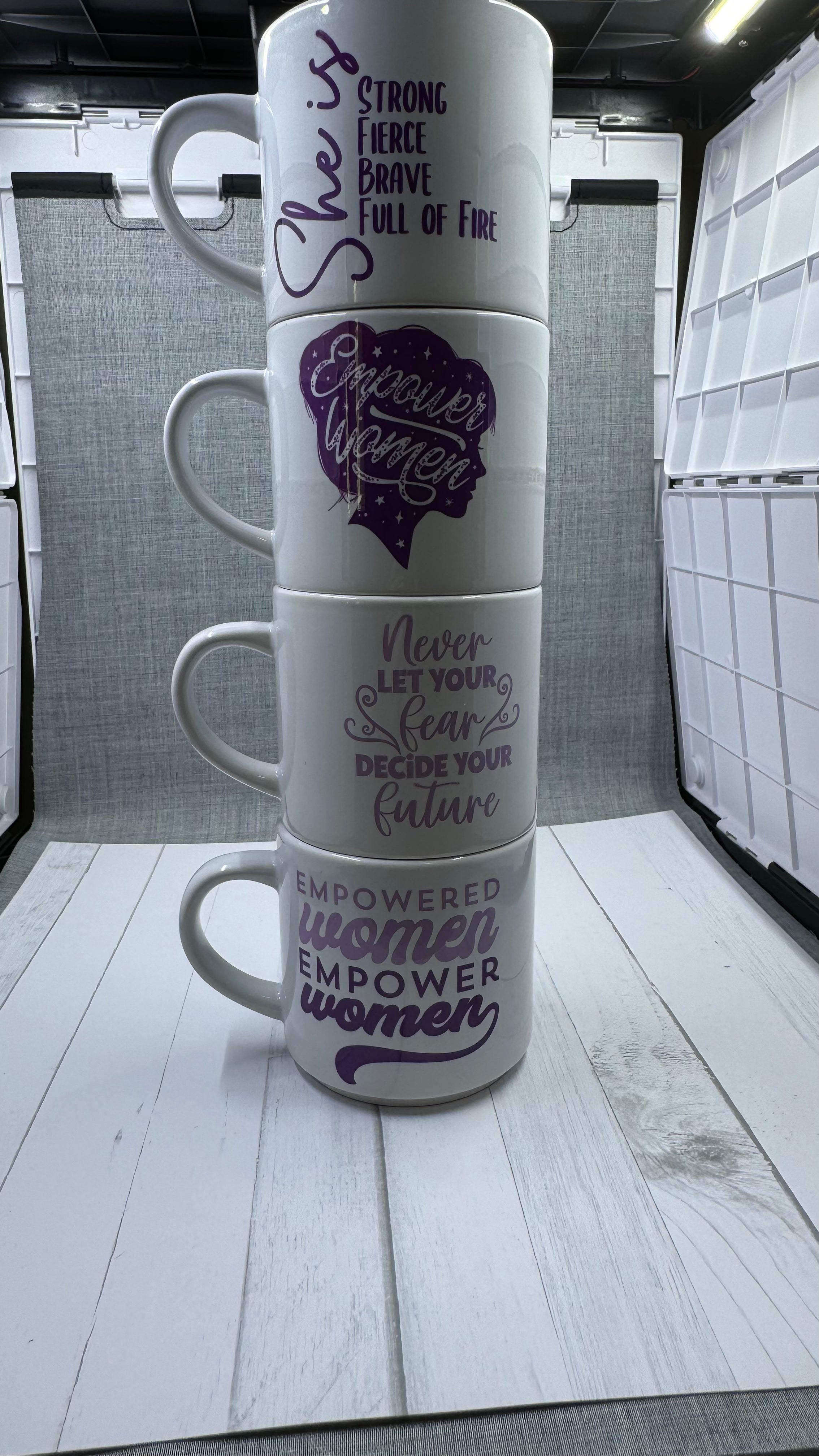 Elevate your morning routine with this set of 4 women empowerment mugs. Made of 100% ceramic and infused with inspiring designs, these 10 ounce mugs are sure to empower and motivate you throughout the day. Perfect for gifting and brightening anyone's day. Create a unique and stylish statement with these expertly crafted mugs.